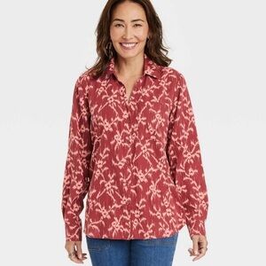 Knox Rose Long Sleeve Button-Up Shirt-Red/Pink Ikat Abstract Pattern-Women Large